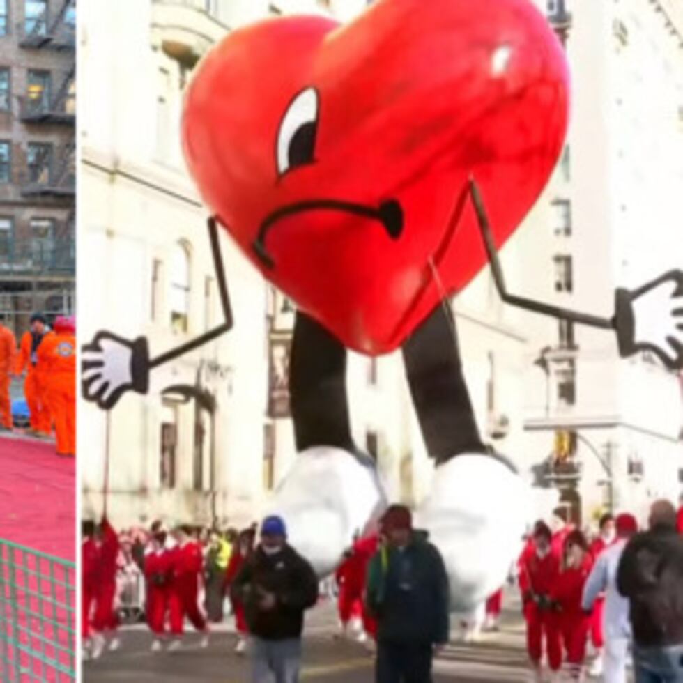 El globo en forma del corazón de la carátula del álbum "Un Verano Sin Ti", de Bad Bunny, era puesto a prueba un día antes de la Parada de Macy's en Nueva York. Foto: Lorraine Figueroa-Acevedo