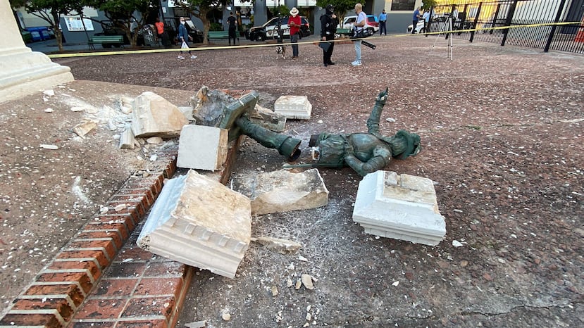 Así quedó la estatua de Juan Ponce de León en el Viejo San Juan.