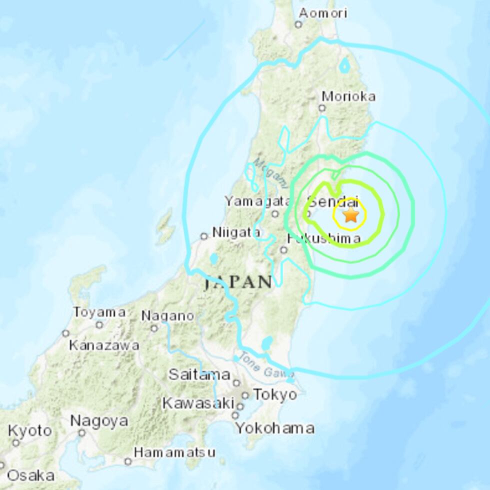 Mapa del Servicio Geológico de Estados Unidos que muestra hasta dónde se expandieron las ondas sísmicas de un terremoto esta madrugada en Japón.