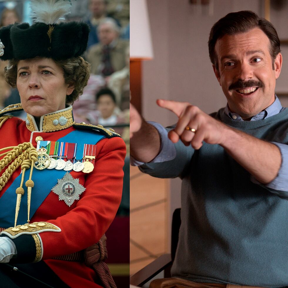 De izquierda a derecha, Olivia Colman en "The Crown" y Jason Sudeikis en "Ted Lasso". (Disney+/Netflix/Apple TV+/HBO Max vía AP)