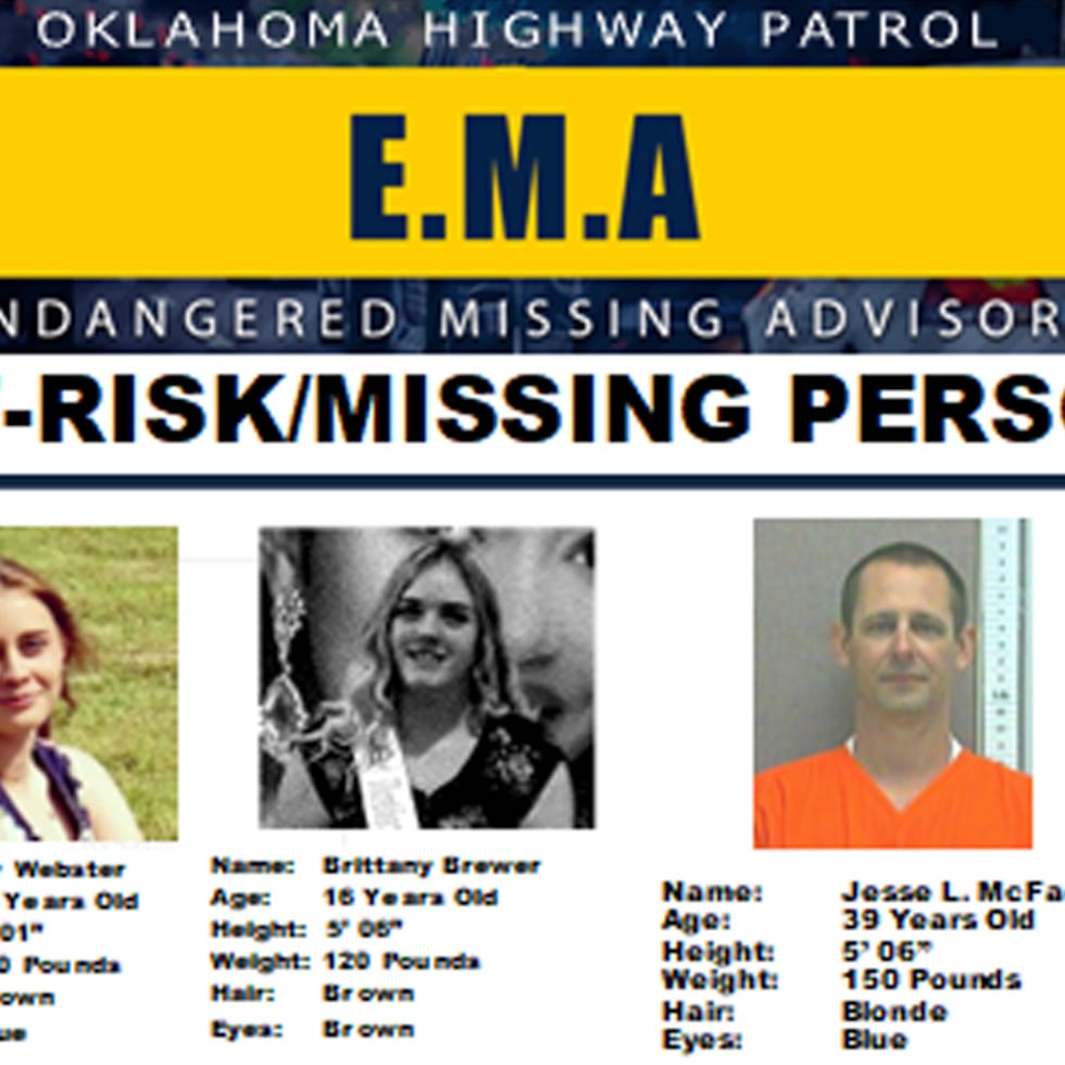 Este afiche de búsqueda de personas desaparecidas, proporcionado por la Patrulla de Carreteras de Oklahoma, muestra a Ivy Webster, de 14 años, izquierda; a Brittany Brewer, de 16, al centro, y a Jesse McFadden, que el lunes 1 de mayo de 2023 fueron reportados como desaparecidos. Más tarde en el día las autoridades hallaron los cadáveres de siete personas en una propiedad rural de Oklahoma mientras buscaban a las dos chicas, y cancelaron el afiche. McFadden estaba en el registro de agresores sexuales del estado. (Patrulla de Carreteras de Oklahoma vía AP)