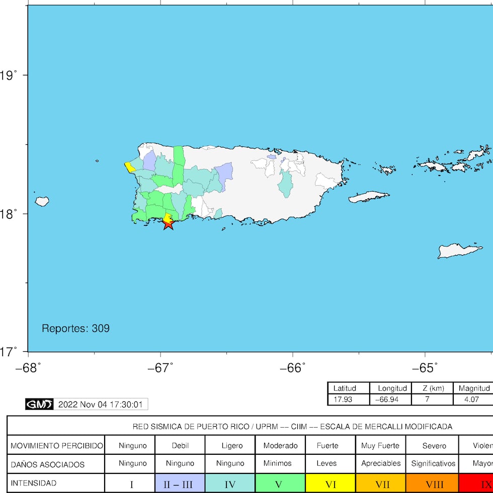Mapa que muestra los pueblos desde donde se reportó como sentido un sismo registrado en la madrugada del 4 de noviembre de 2022.