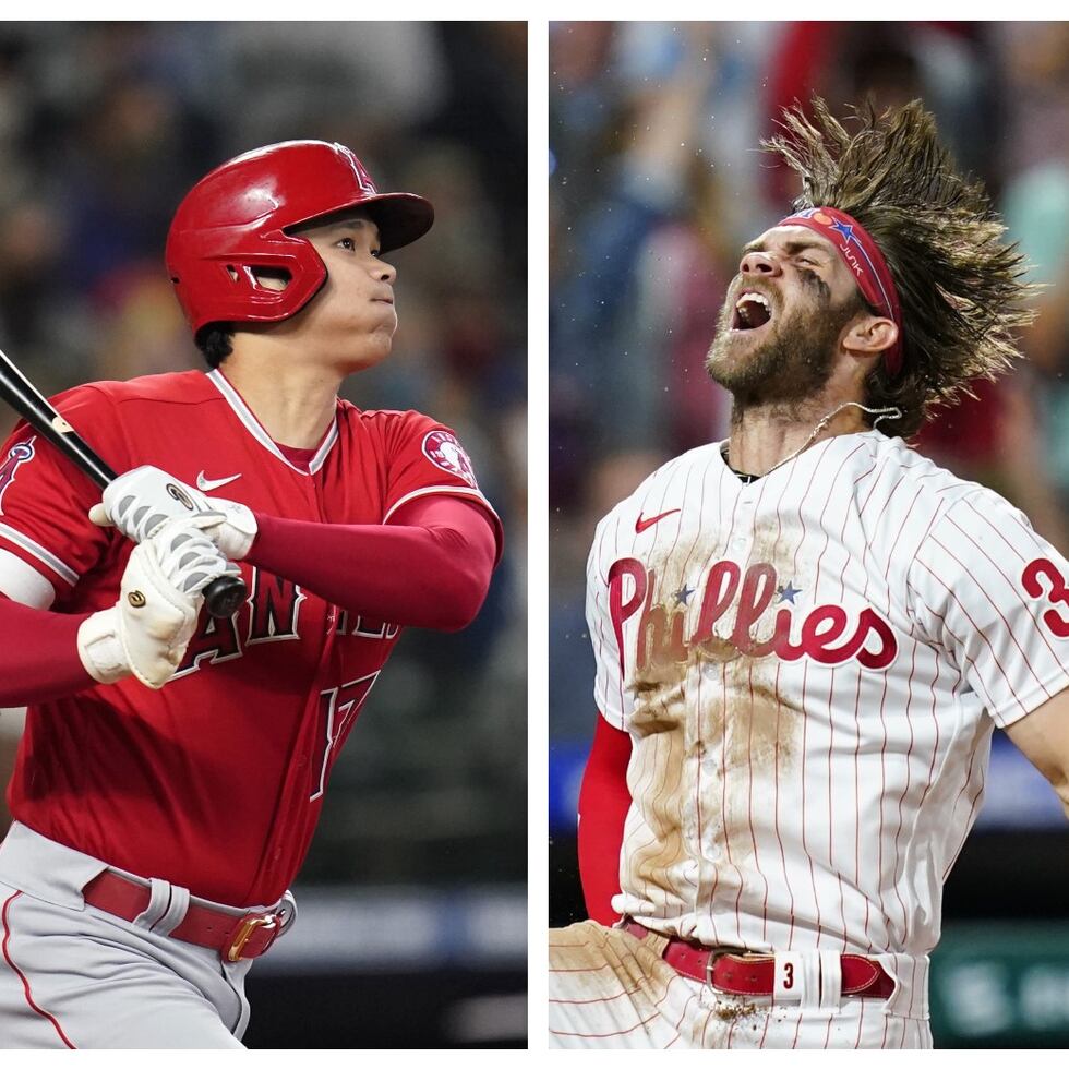 Shohei Ohtani (izquierda) fue el MVP de la Liga Americana y Bryce Harper de la Liga Nacional.