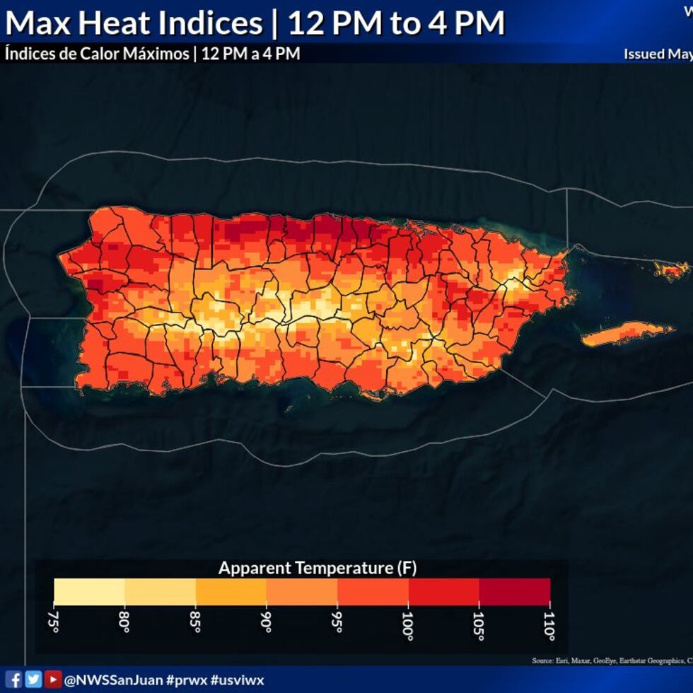Los índices de calor para el 1 de mayo fluctuarán entre los 100 a 108 grados alrededor de la isla, concentrándose más fuertemente en municipios del norte y el interior.