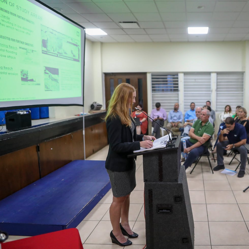 Ashleigh Fountain, gerente de proyectos del USACE, se dirige a los presentes en la reunión pública.