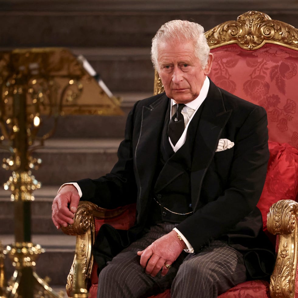 Britain's King Charles III sits at Westminster Hall, where both Houses of Parliament are meeting to express their condolences following the death of Queen Elizabeth II, at Westminster Hall, in London, Monday, Sept. 12, 2022. Queen Elizabeth II, Britain's longest-reigning monarch, died Thursday after 70 years on the throne. (Henry Nicholls/Pool Photo via AP)