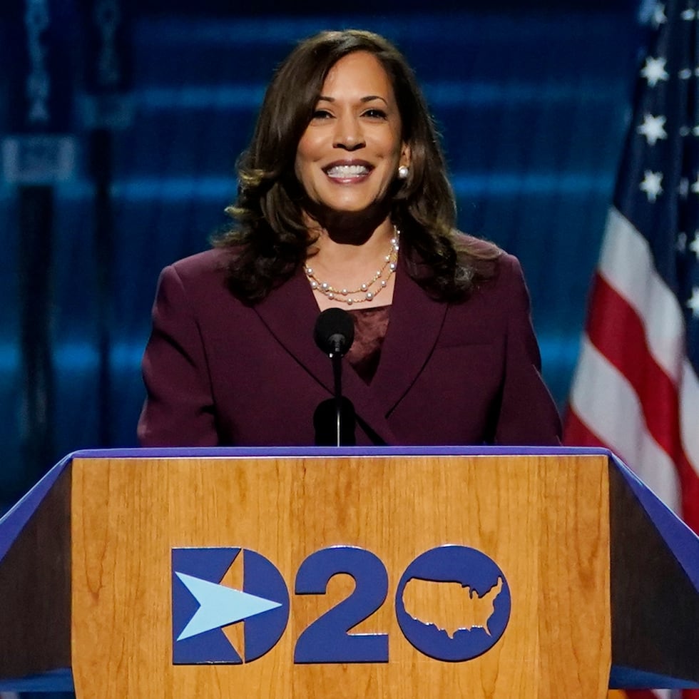 Democratic Vice Presidential candidate Sen. Kamala Harris, D-Calif., speaks during the third day of the Democratic National Convention, Wednesday, Aug. 19, 2020, at the Chase Center in Wilmington, Del. (AP Photo/Carolyn Kaster)