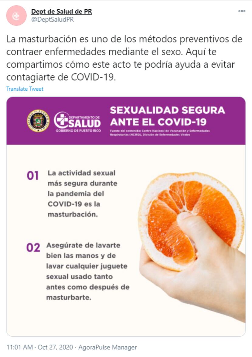 El Departamento de Salud publicó este mensaje en sus redes sociales que luego borró sobre cómo la masturbación es un método para evitar contagiarte con COVID-19.
