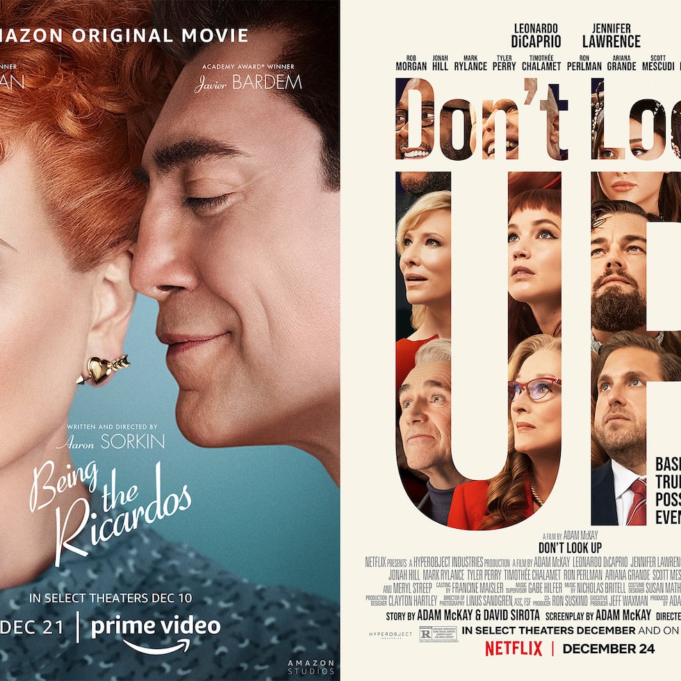 Combinación de imágenes del arte promocional de "Being the Riccardos", que se estrena el 21 de diciembre en Amazon; "Don't Look Up", que llega a Netflix el 24 de diciembre; y "The Mezzotint", que debuta el 24 de diciembre en BritBox. (Amazon/Netflix/BritBox vía AP)