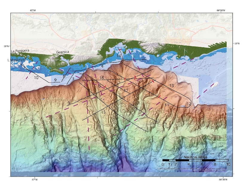 Mapa publicado por el USGS en su cuenta de Facebook que traza las formaciones  bajo el mar en la costa sur de Puerto Rico. (USGS / Facebok.com)