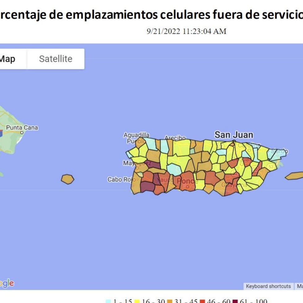 Mapa de la FCC con la proporción de celdas fuera de servicio en Puerto Rico a las 11:00 a.m. del 21 de septiembre de 2022.