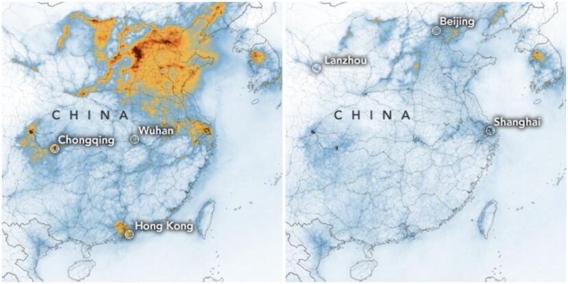 Imagen de la NASA que muestra la disminución de la contaminación en China. (NASA)