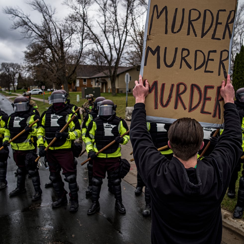 Protesters confronted police over the shooting death of Daunte Wright at a rally at the Brooklyn Center Police Department in Brooklyn Center, Minn., Monday, April 12, 20121. (Richard Tsong-Taatarii/Star Tribune via AP)