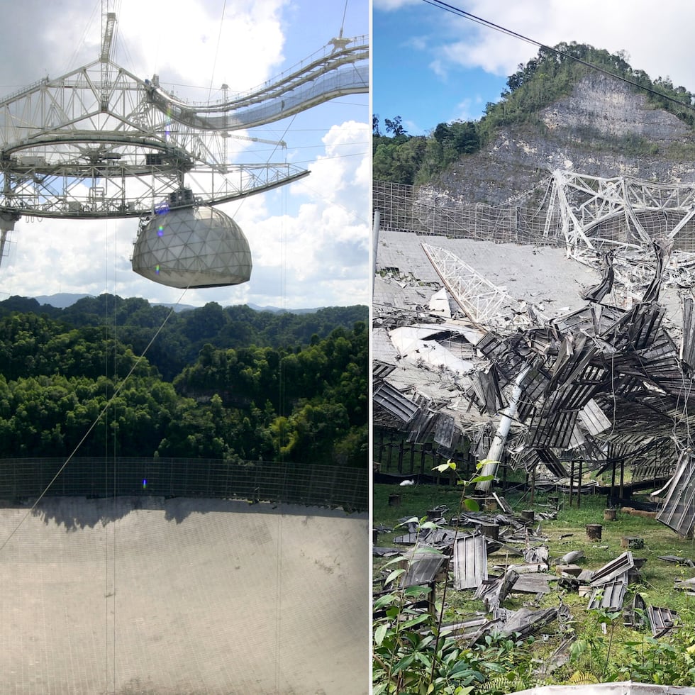 El radiotelescopio de Arecibo, antes y después del colapso ocurrido el 1 de diciembre de 2020.