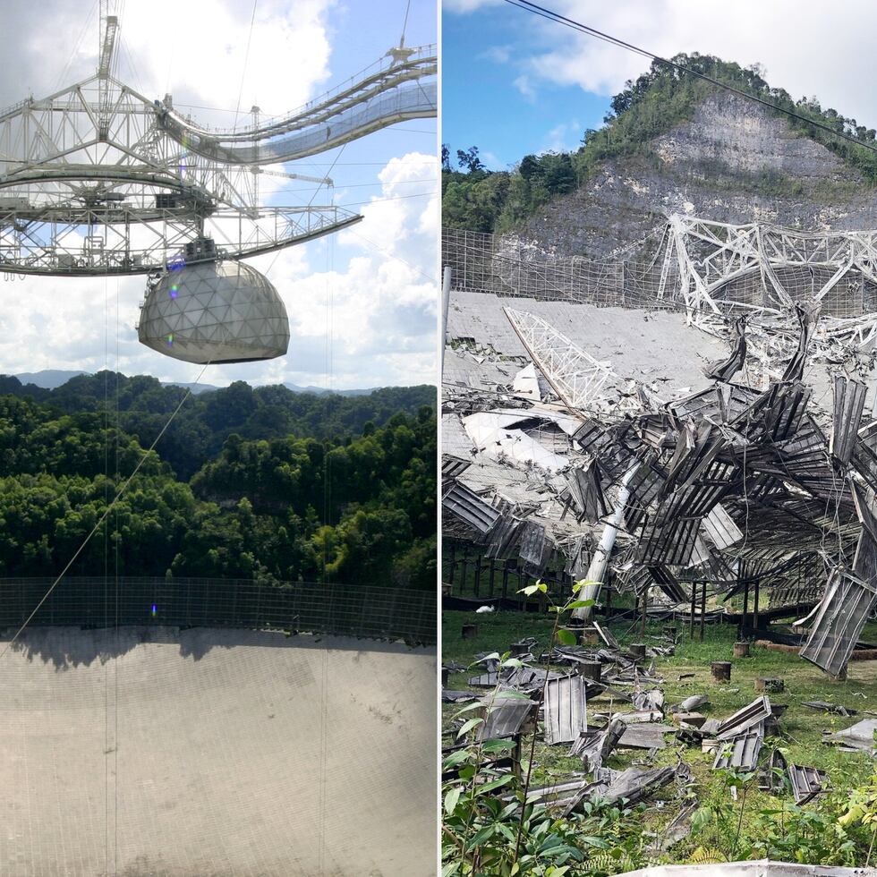 El radiotelescopio de Arecibo, antes y después del colapso ocurrido el 1 de diciembre de 2020.