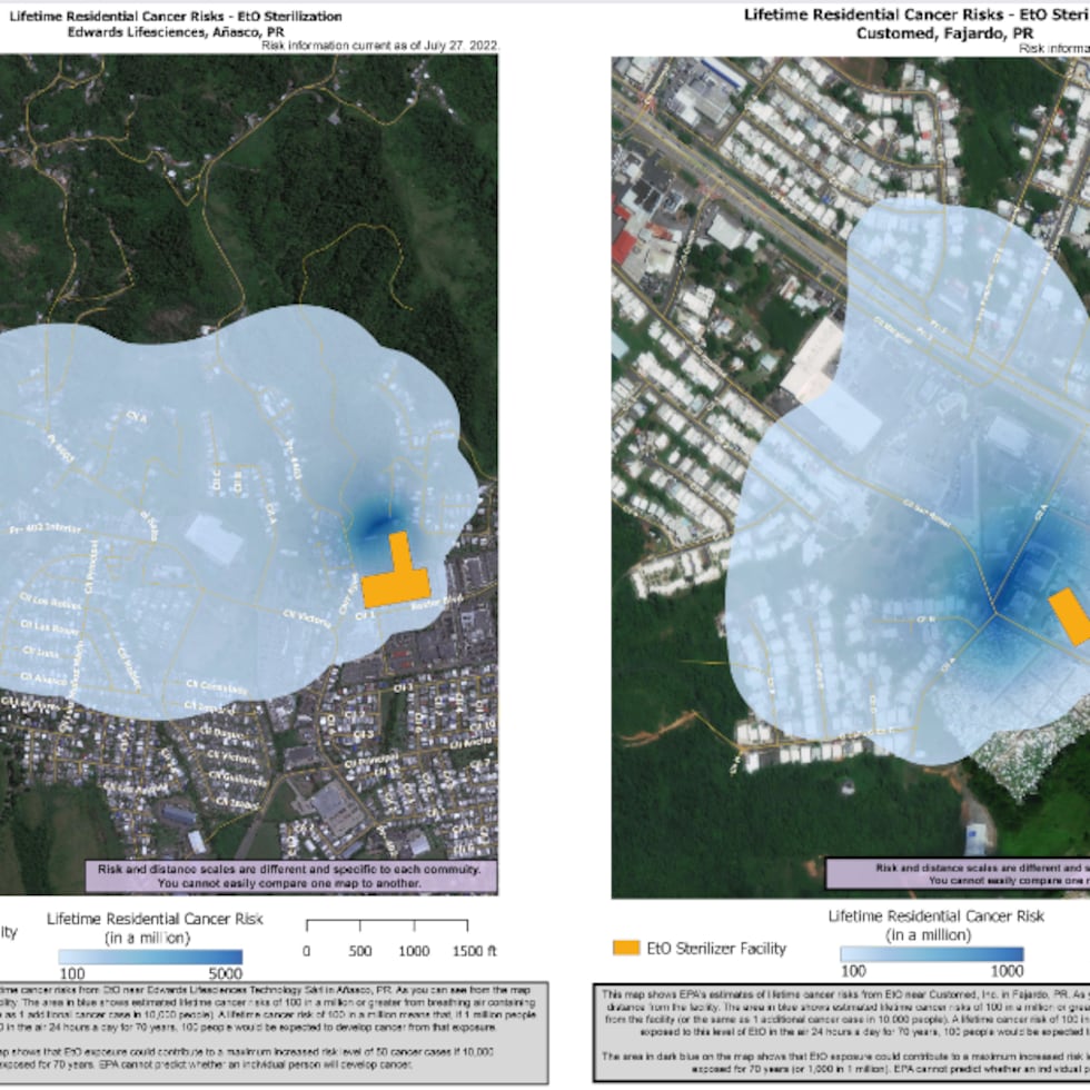 Mapas de estimaciones sobre los riesgos de cáncer de por vida por exposición al químico en Añasco y Fajardo. El riesgo disminuye con la distancia a la instalación (de azul oscuro a azul claro). El área en azul claro muestra riesgos estimados de cáncer de 100 en un millón o más si las personas estuvieran expuestas a esos niveles 24 horas al día durante 70 años. El área en azul oscuro muestra que la exposición al químico podría contribuir a un nivel máximo de riesgo de 50 casos de cáncer en 10,000 personas si estuvieran expuestas bajo las mismas condiciones de tiempo. Mapas actualizados en julio 2022.