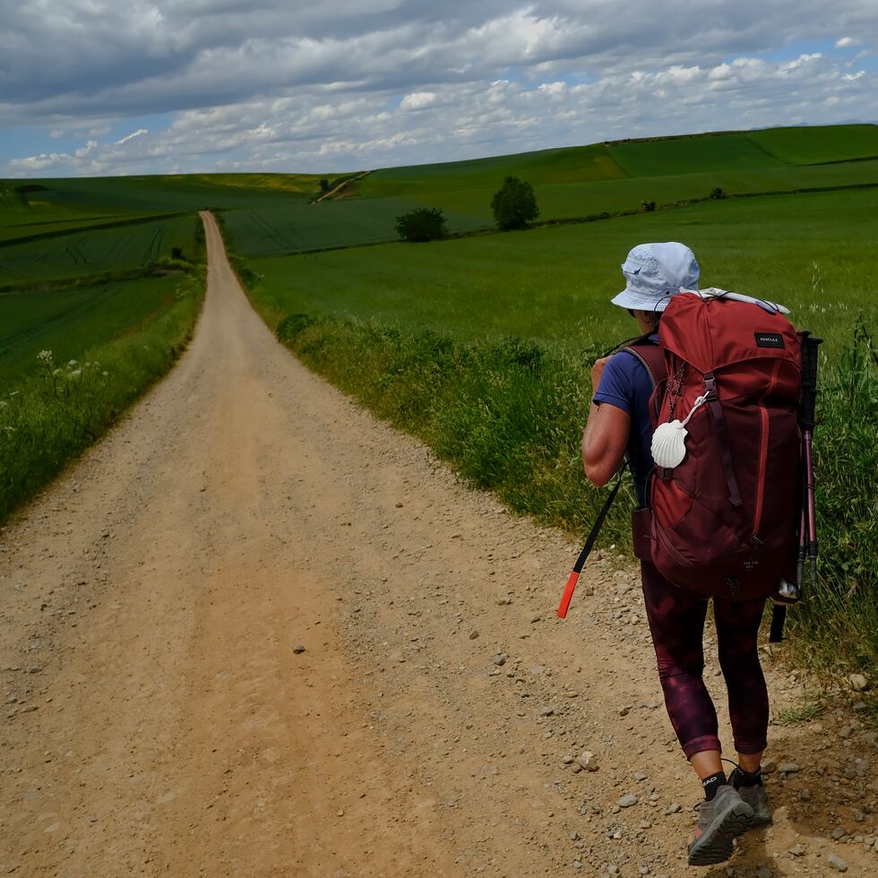 Un peregrino camina durante una etapa del "Camino de Santiago", cerca de Santo Domingo de La Calzada, en el norte de España.