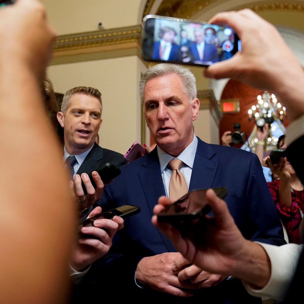 House Speaker Kevin McCarthy of Calif., speaks with members of the press, Tuesday, May 23, 2023, on Capitol Hill in Washington. (AP Photo/Patrick Semansky)