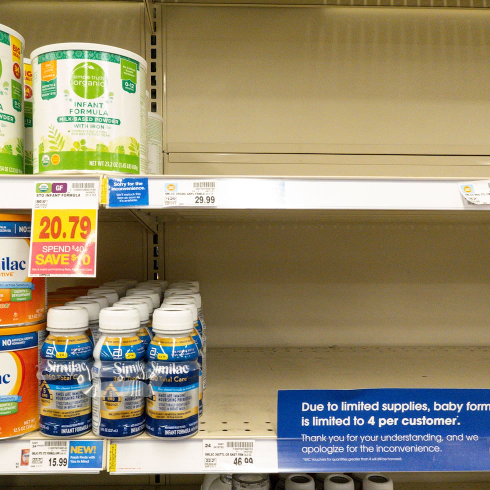 Baby formula is displayed on the shelves of a grocery store with a sign limiting purchases in Indianapolis, Tuesday, May 10, 2022. Parents across the U.S. are scrambling to find baby formula because supply disruptions and a massive safety recall have swept many leading brands off store shelves. (AP Photo/Michael Conroy)