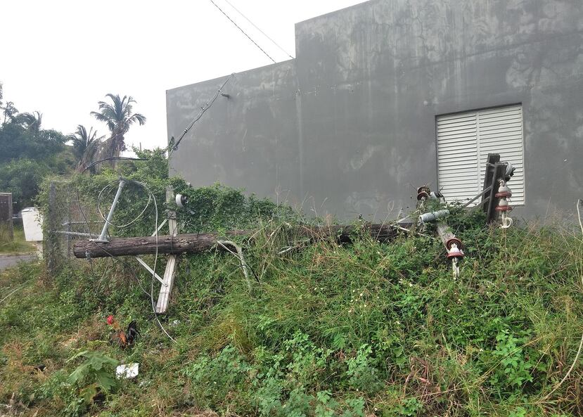 En los alrededor del Centro Comunal Húcares, en Naguabo, todavía yace tirado, en el área verde, un poste del tendido eléctrico. (Suministrada)