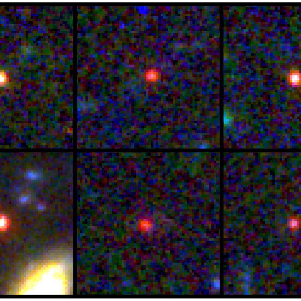 Esta imagen proporcionada por la NASA y la Agencia Espacial Europea muestra imágenes de seis galaxias masivas. (NASA vía AP)