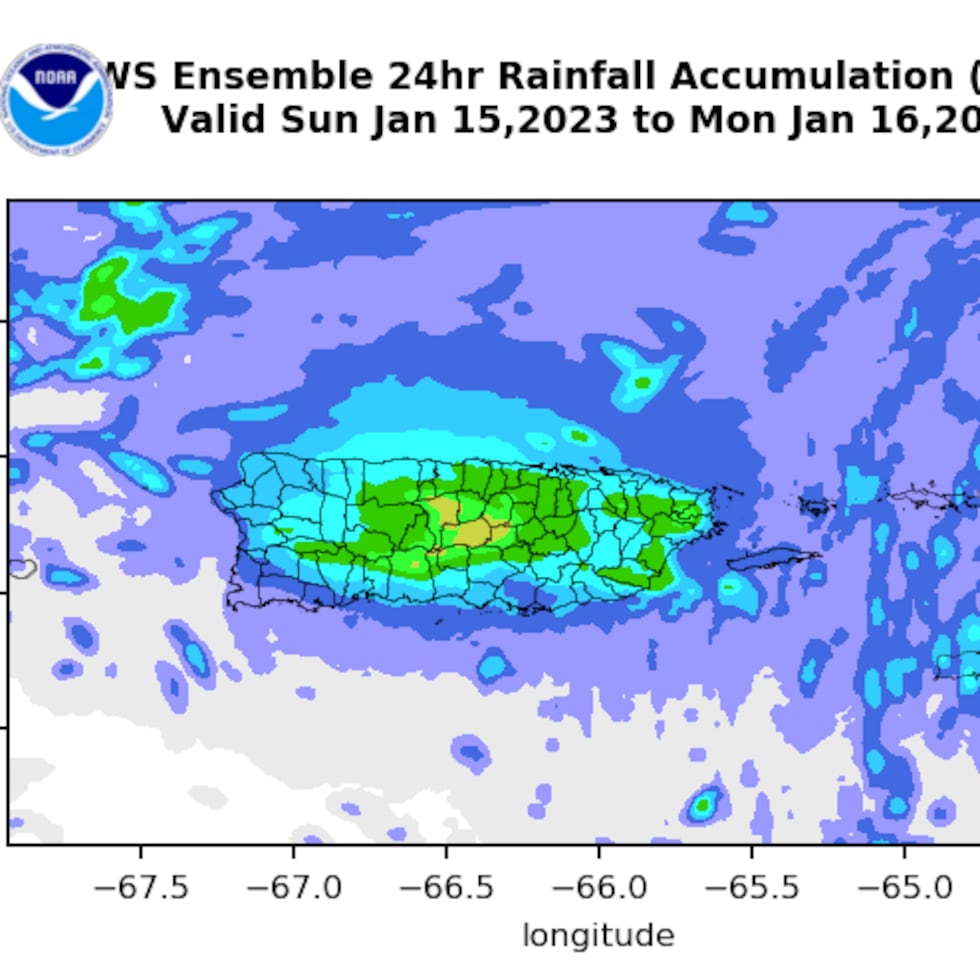 Pronóstico de acumulación de lluvia durante el domingo, 15 de enero de 2023, según el pronóstico realizado en la mañana del sábado, 14 del mismo mes.