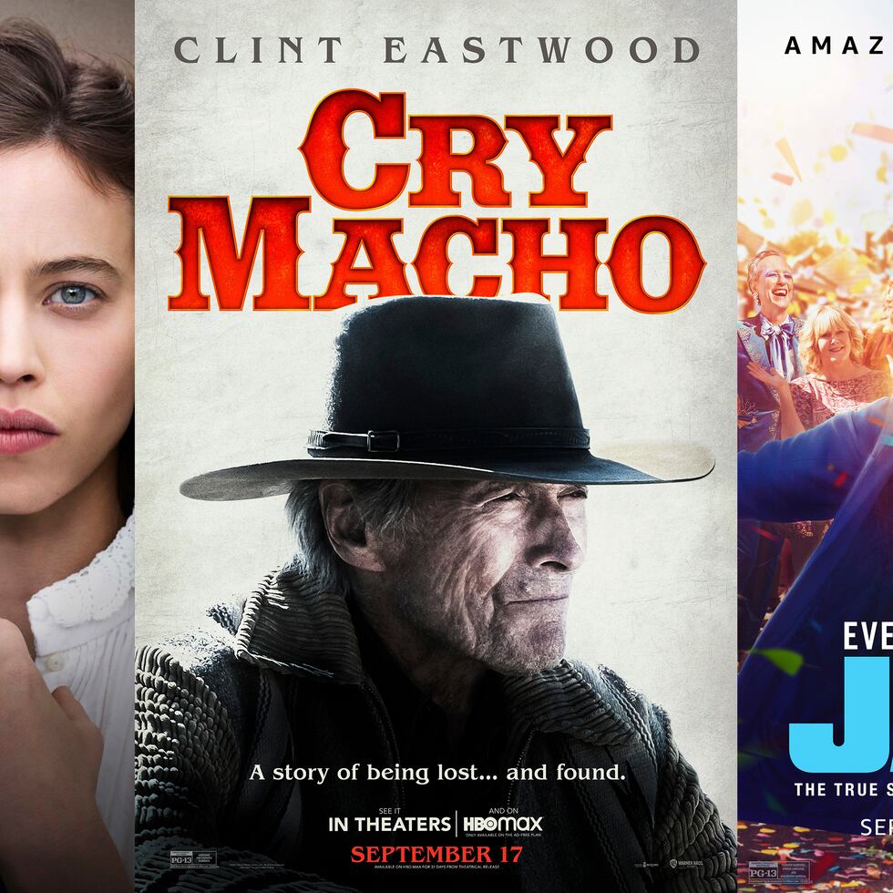 De izquierda a derecha, los cartelones de algunas de las películas que se estrenarán esta semana, "The Mad Women's Ball", "Cry Macho" y "Everybody's Talking About Jamie".