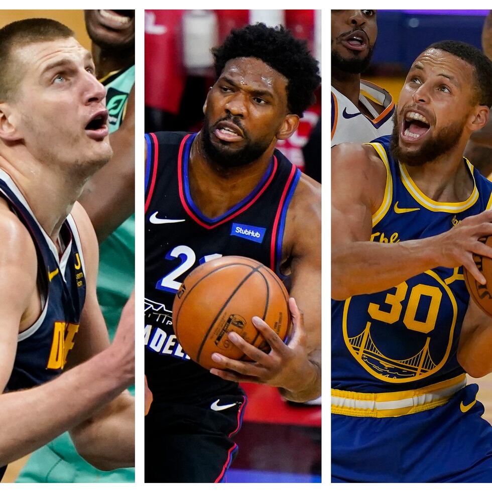 De izquierda a derecha, Nikola Jovic, Joel Embiid y Stephen Curry, quienes están en las conversaciones para ganar el premio de Jugador Más Valioso de la NBA.