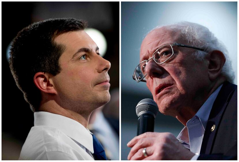 El precandidato presidencial demócrata y exalcalde de South Bend, Indiana, Pete Buttigieg (izquierda), en Des Moines, Iowa; y su rival el senador de Vermont Bernie Sanders, en Sioux City, Iowa. (AP)