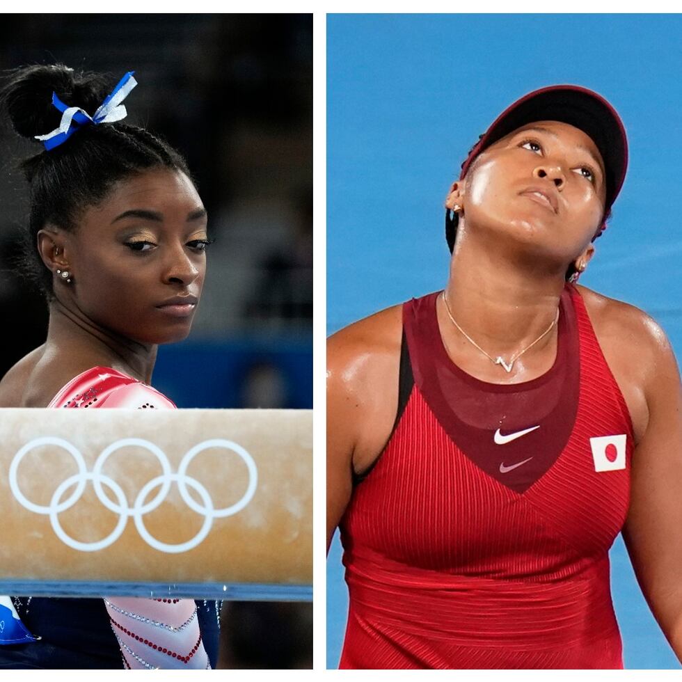 A la izquierda, la gimnasta estadounidense Simone Biles. A la derecha, la tenista japonesa Naomi Osaka. Ambas deportistas se retiraron mientras competían debido a los estresores y demandas que sentían, lo que les causó problemas de ansiedad y temores.