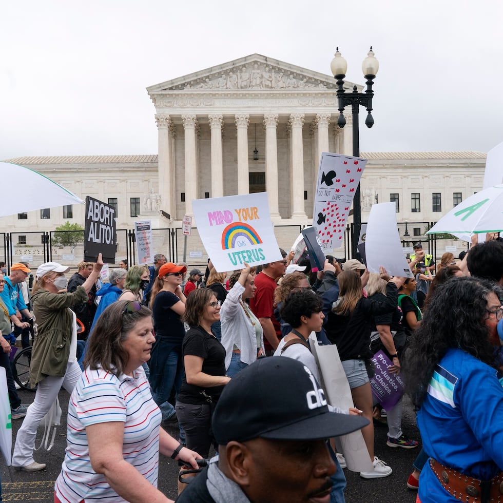 Abortion-rights demonstrators coming from the Washington Monument march past the Supreme Court in Washington, Saturday, May 14, 2022. (AP Photo/Jacquelyn Martin)