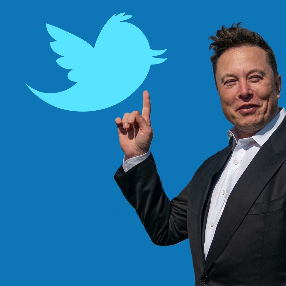 Foto ilustración compuesta donde aparece el fundador de Tesla y SpaceX, Elon Musk, mientras señala al logo de Twitter.