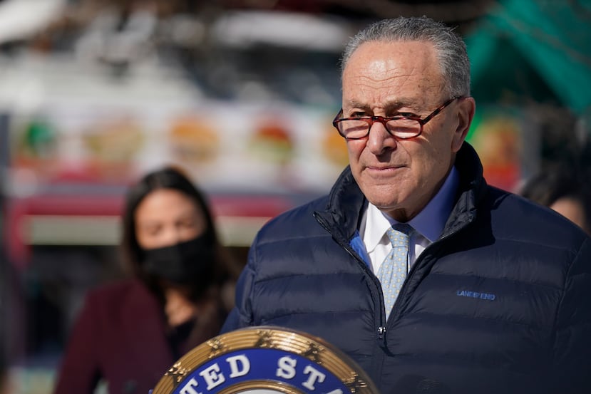 Senator Charles Schumer speaks during a news conference in the Queens borough of New York, Monday, Feb. 8, 2021.