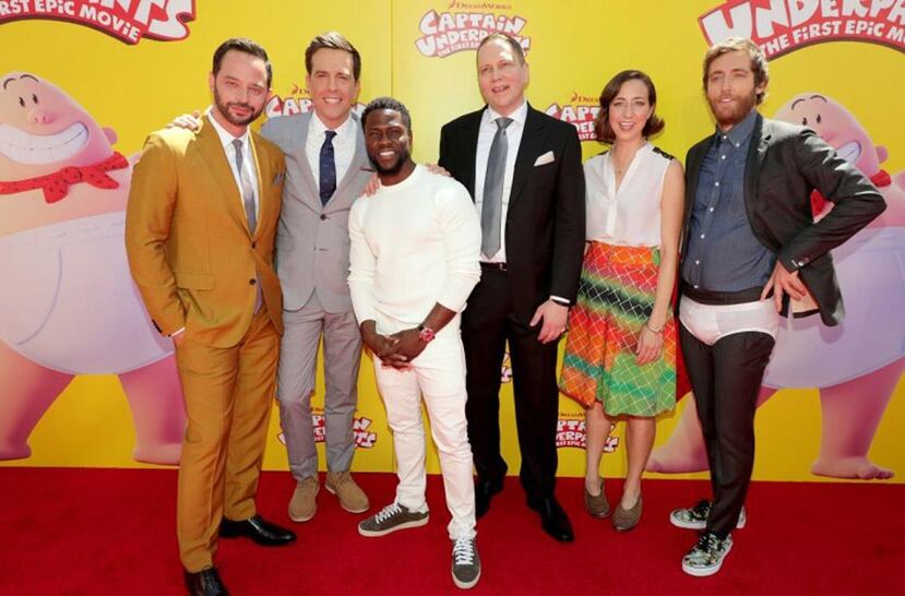 Nick Kroll, Ed Helms, Kevin Hart, el autor David Pilkey, Kristen Schaal y Thomas Middletich durante la presentación de la cinta. (Suministrada)