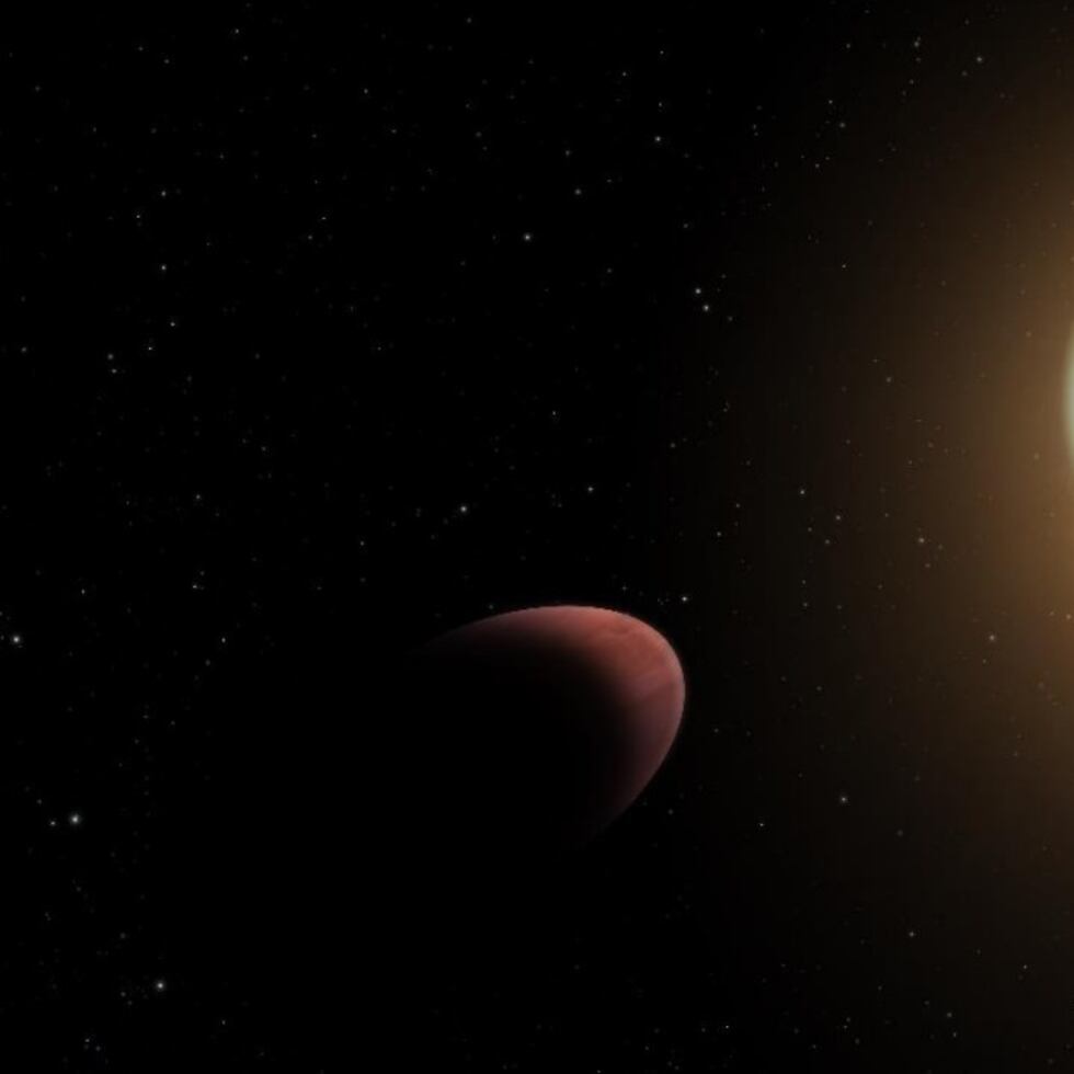 Representación artística del planeta WASP-103b deformado por las potentes fuerzas de marea de su estrella anfitriona.