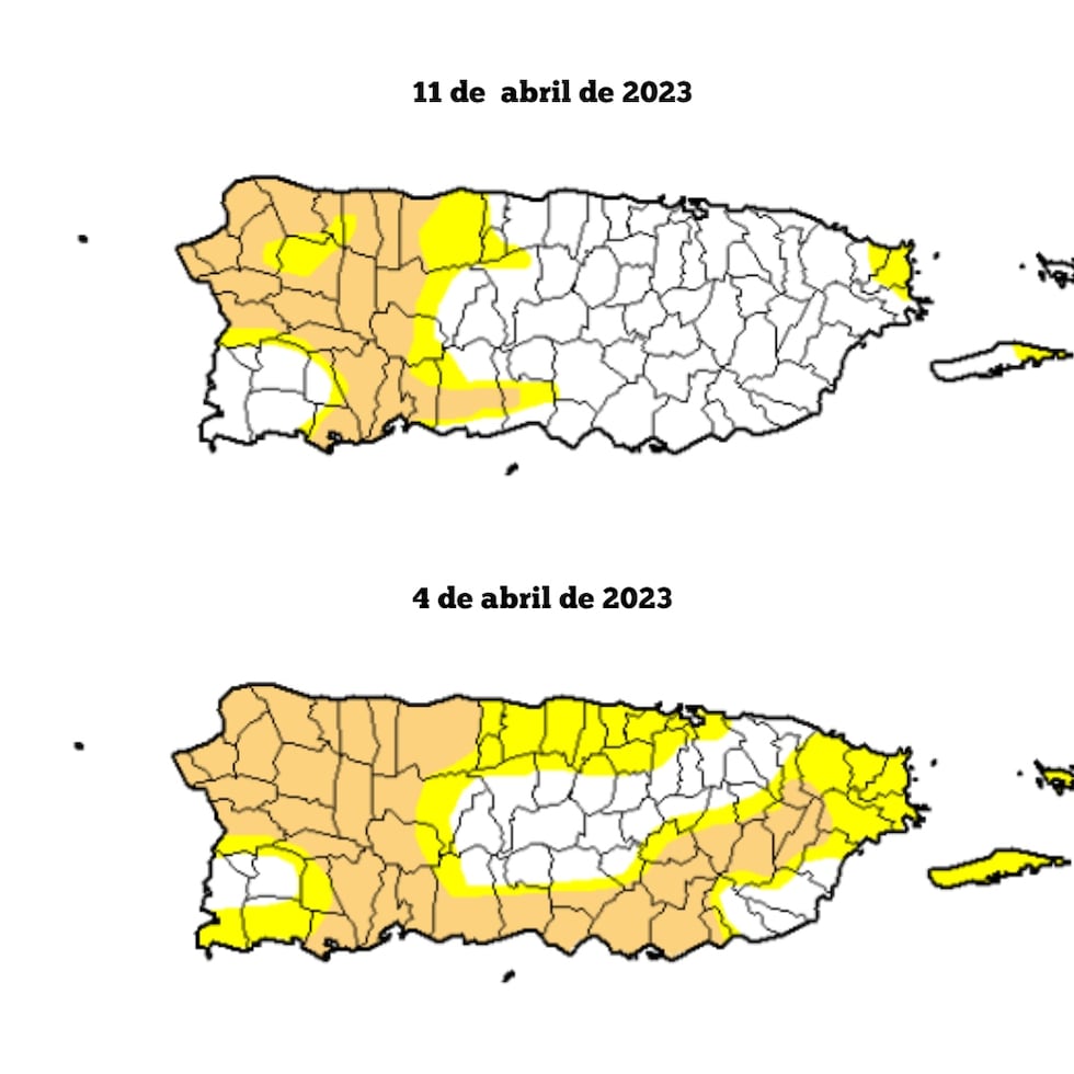 Fotomontaje que muestra el cambio en el patrón de sequía en Puerto Rico tras fuertes lluvias de una vaguada. Actualizado con informe del 11 de abril de 2023.