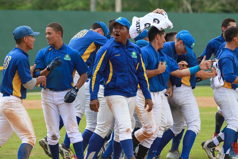 Los jugadores de la Carlos Beltrán Baseball Academy celebran su victoria. (Suministrada)