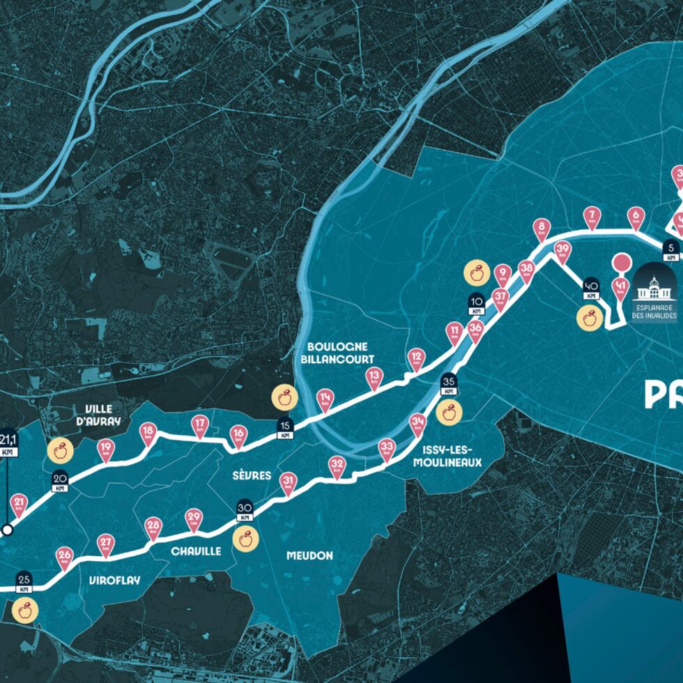 Este mapa muestra la ruta del maratón para los Juegos Olímpicos de París de 2022, con su viento ascendente hacia Versalles y la antigua ciudad de los reyes con su espectacular palacio, al suroeste.