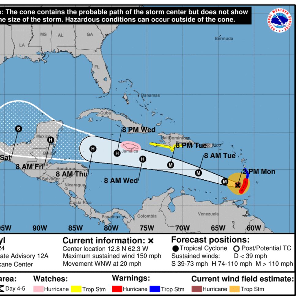 El huracán Beryl continuará su paso por las Antillas Menores hacia el oeste hasta llegar al Mar Caribe donde se espera disminuya su potencia, aunque continuaría como un huracán.