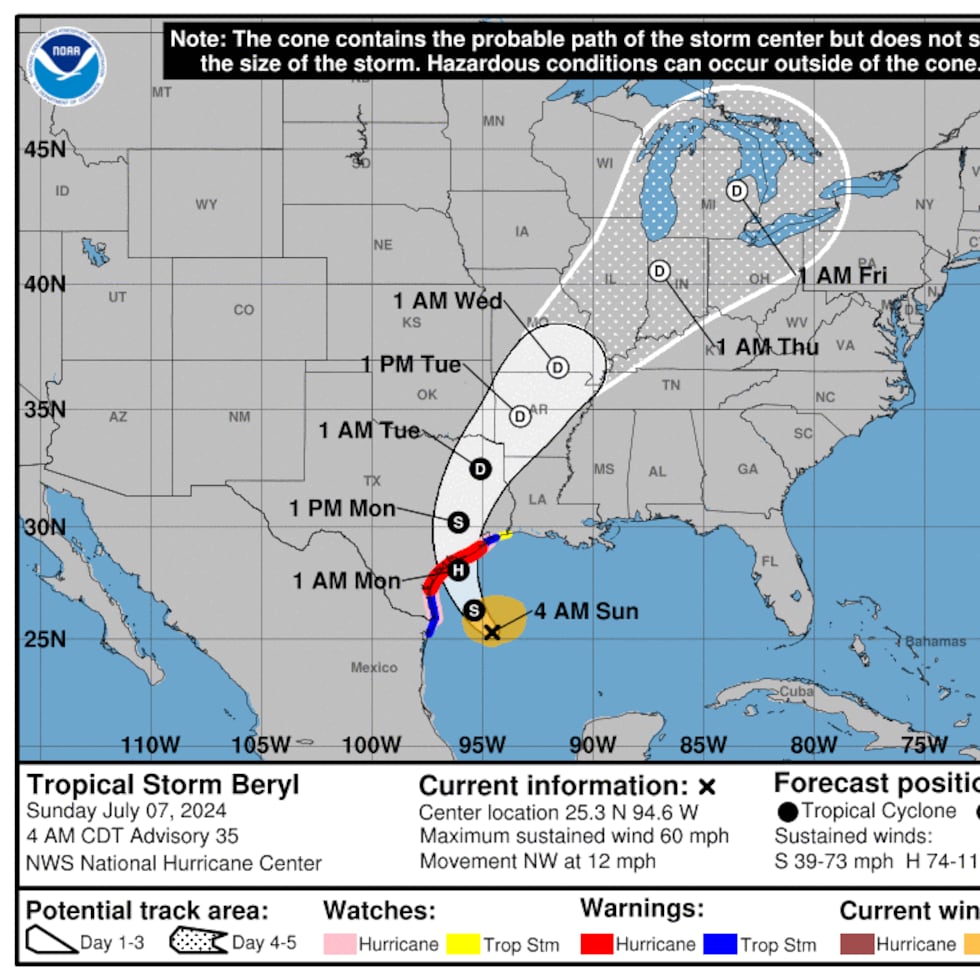 El boletín del Centro Nacional de Huracanes de las 4:00 a.m., hora del centro de los Estados Unidos, pronostica que Beryl se fortalecerá antes de tocar tierra en Texas.