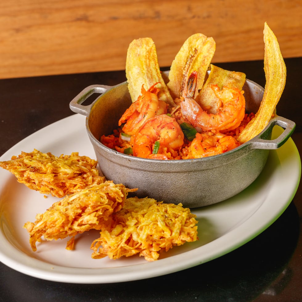 Seafood rice with plantain chips from El Platanal restaurant.