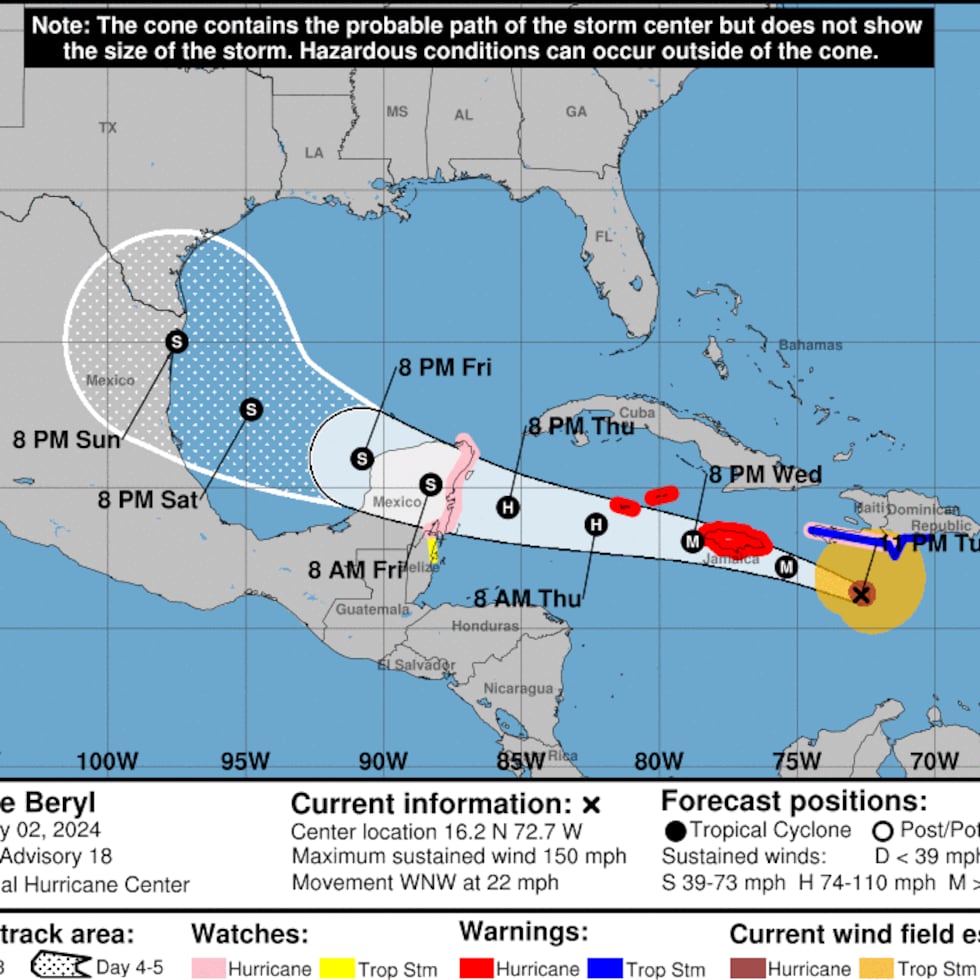 El huracán Beryl estaría lleganda a la isla de Jamaica durante la mañana del miércoles y posteriormente pasaría como un huracán por las Islas Caimán.