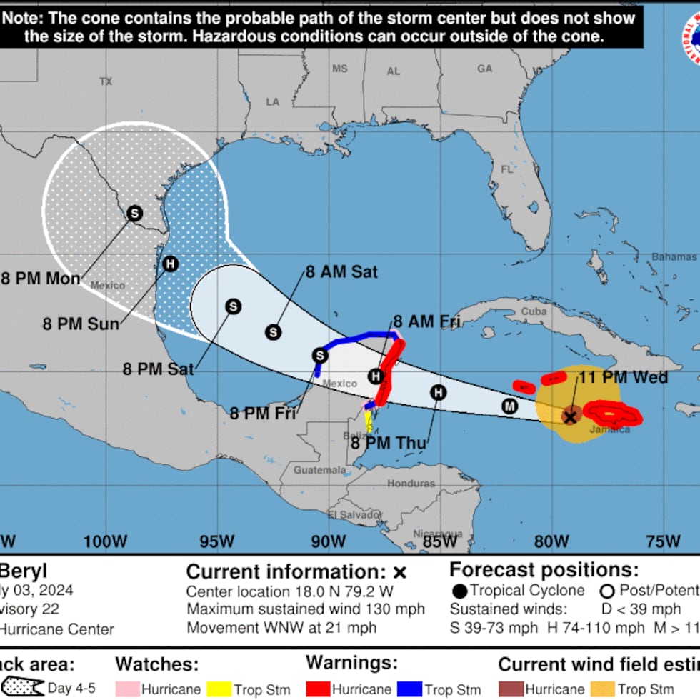 Se espera que el huracán Beryl deje entre cuatro a ocho pulgadas de lluvia en Jamaica.