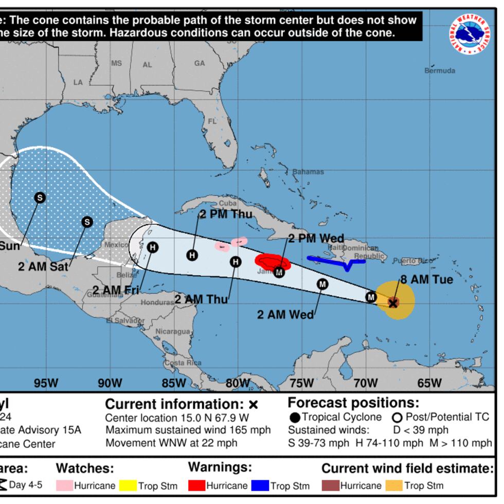 El huracán Beryl estaría pasando por Jamaica como un huracán mayor y posteriormente comenzaría a debilitarse aunque mantendría la clasificación de huracán.