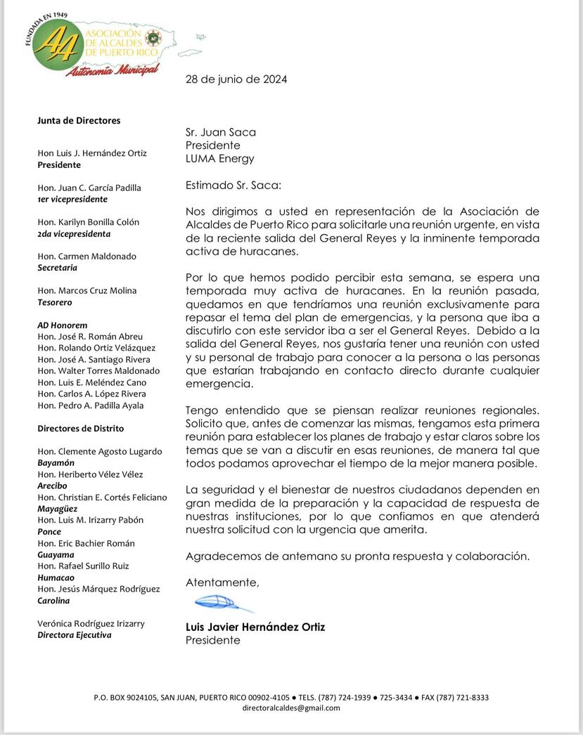 La Asociación de Alcaldes remitió una carta a Juan Saca, presidente de LUMA Energy, urgiendo una reunión de emergencia ante la salida del general Reyes.