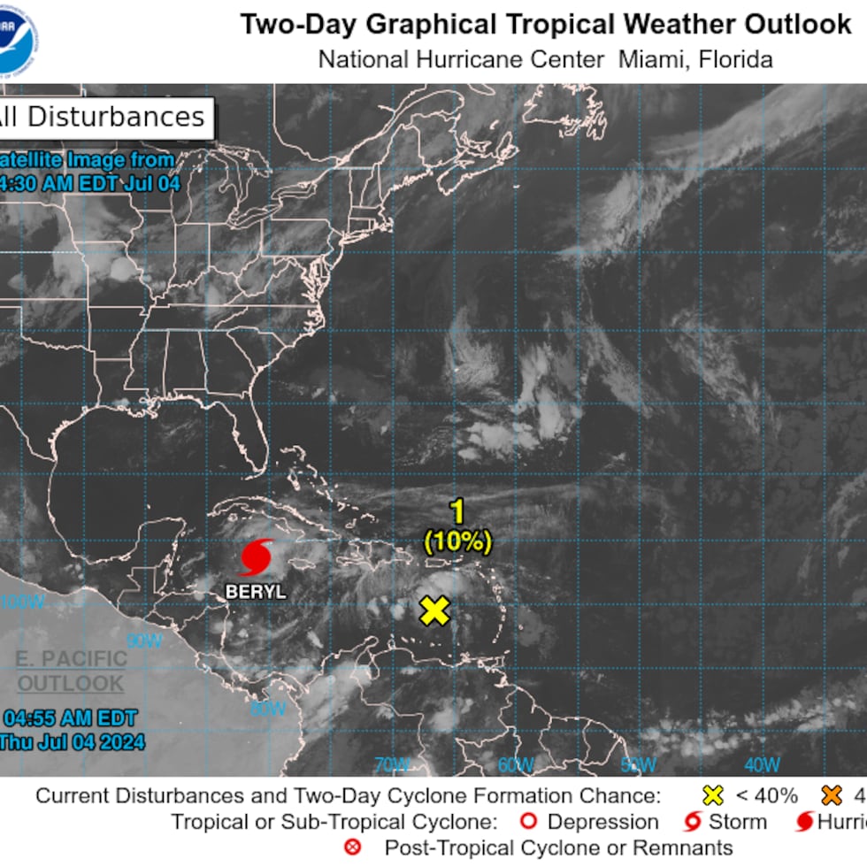 La débil onda tropical Invest 96L, con apenas un 10% de posibilidad de desarrollo ciclónico, traerá lluvia y ráfagas de viento para Puerto Rico durante el jueves.