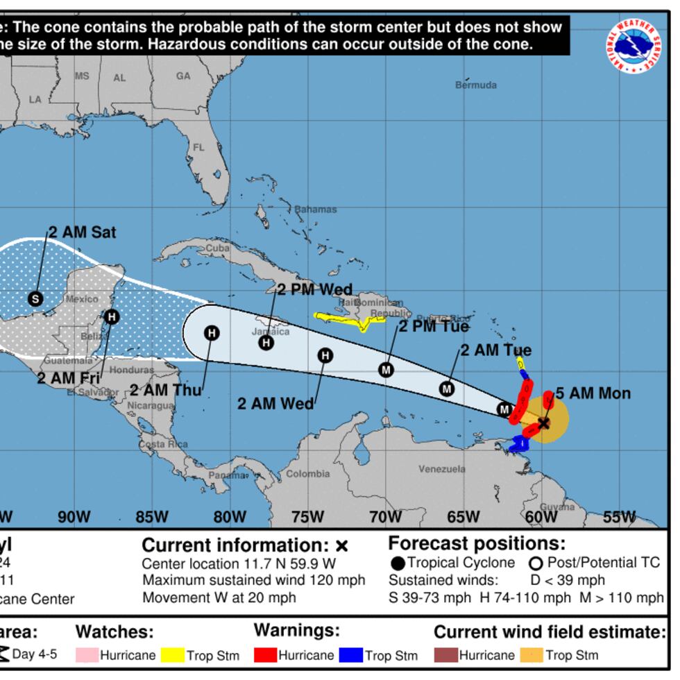 El huracán Beryl pasaría por el centro del mar Caribe a partir de la tarde del martes, cuando se espera que se comience a debilitar levemente.