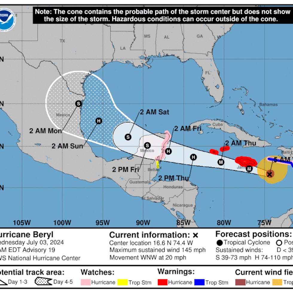 El huracán Beryl se dirige a Jamaica con vientos de 145 millas por hora, según el boletín de las 5:00 a.m. del Centro Nacional de Huracanes.