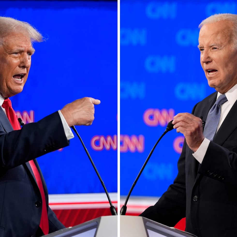 El candidato presidencial republicano, el expresidente Donald Trump (izquierda,) y el presidente Joe Biden (derecha) durante el debate presidencial organizado por CNN la noche del jueves.