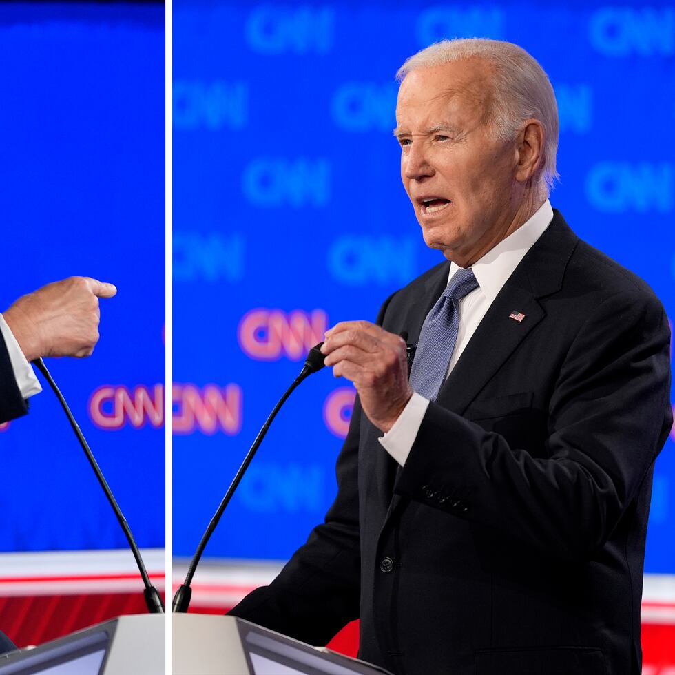 El candidato presidencial republicano, el expresidente Donald Trump (izquierda,) y al presidente Joe Biden (derecha) durante el debate presidencial organizado por CNN, el jueves 27 de junio de 2024, en Atlanta. (Foto AP/Gerald Herbert)
